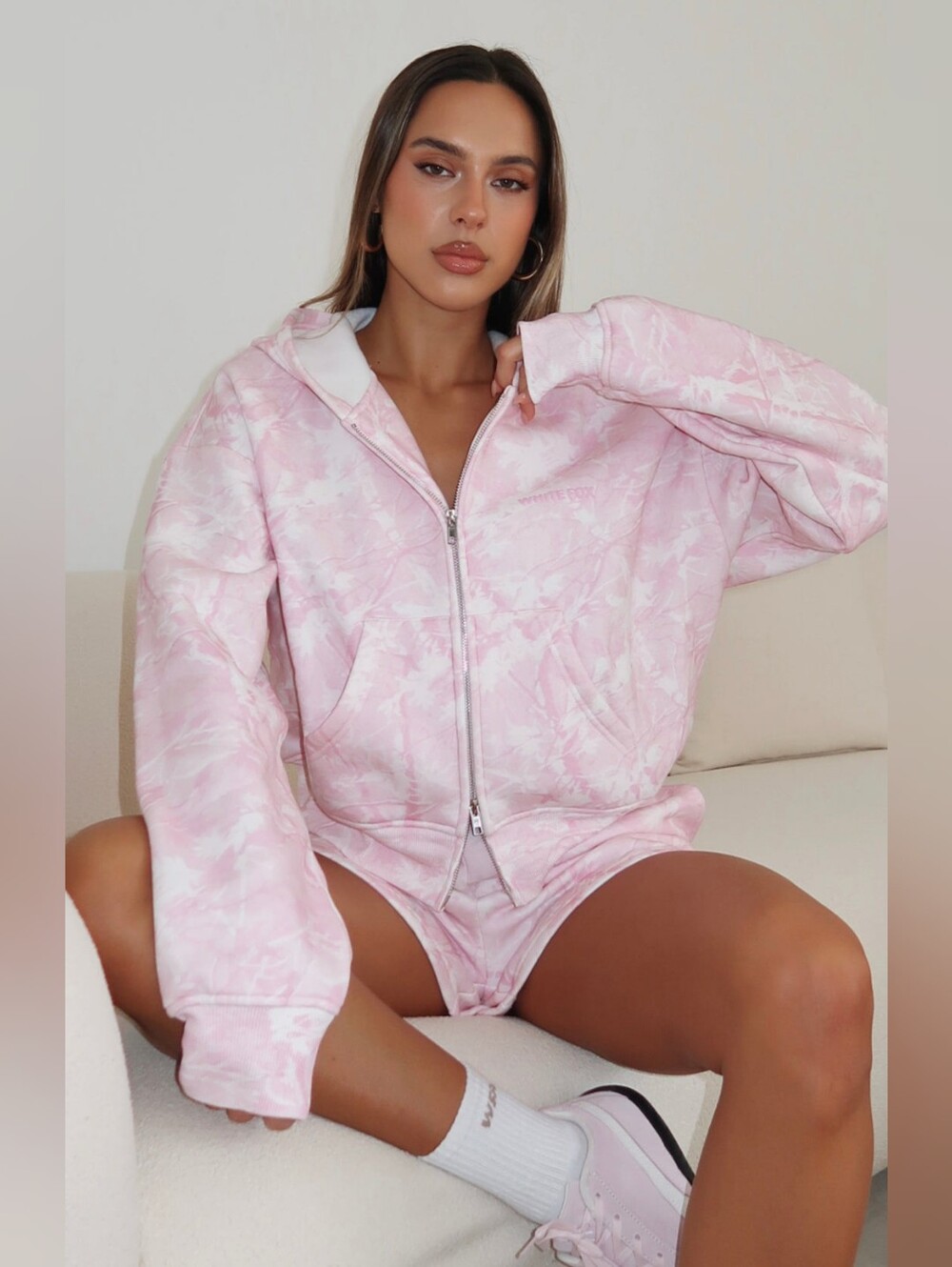 White Fox Boutique Pink & White Tie-Dye Zip Hoodie